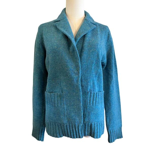 ANTHROPOLOGIE Lambswool Sweater Blazer | Blue Turquoise Autumn Cardigan | MEDIUM - Picture 1 of 9